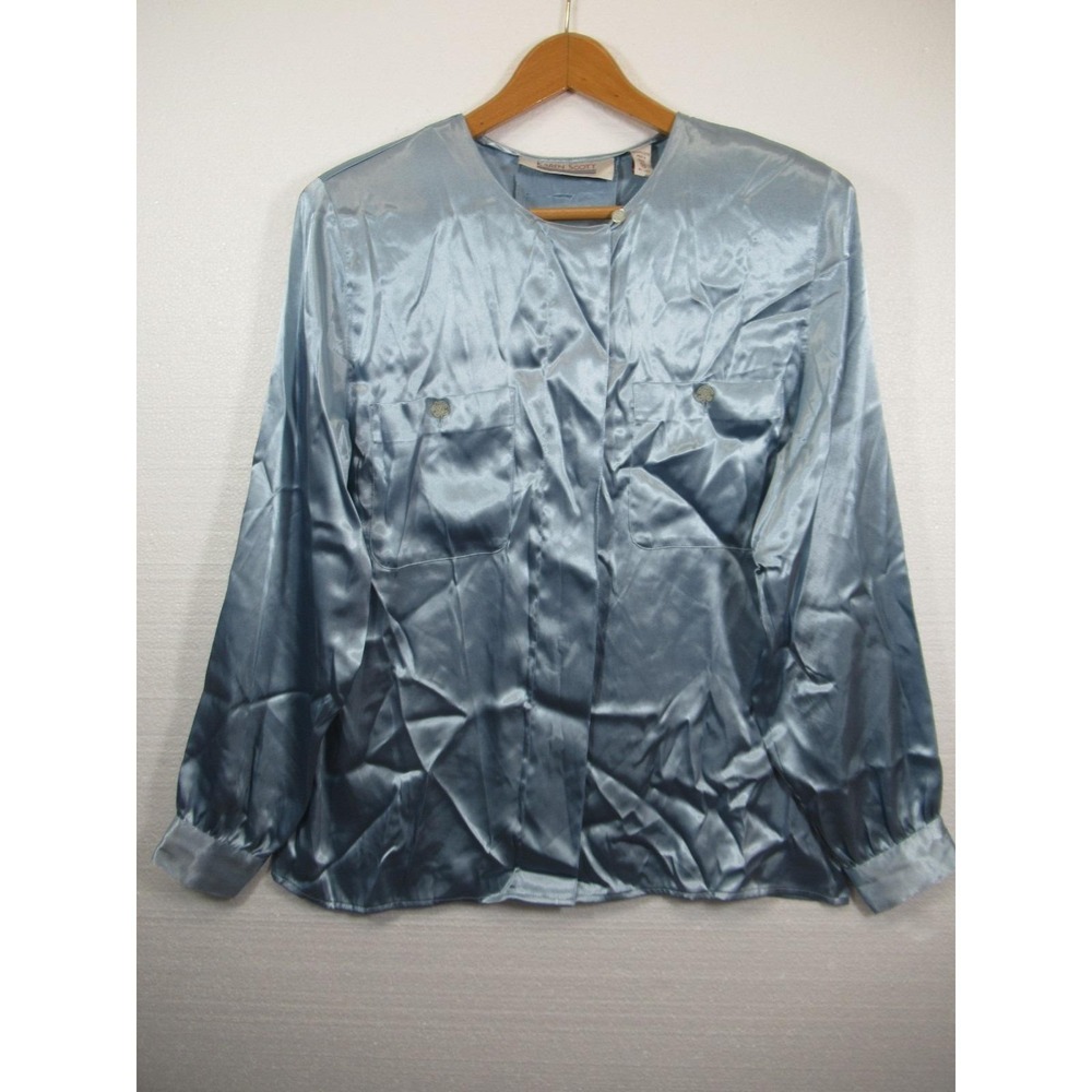 Vintage 80s 90s Karen Scott Shiny Satin Secretary Blouse Women 14 Blue